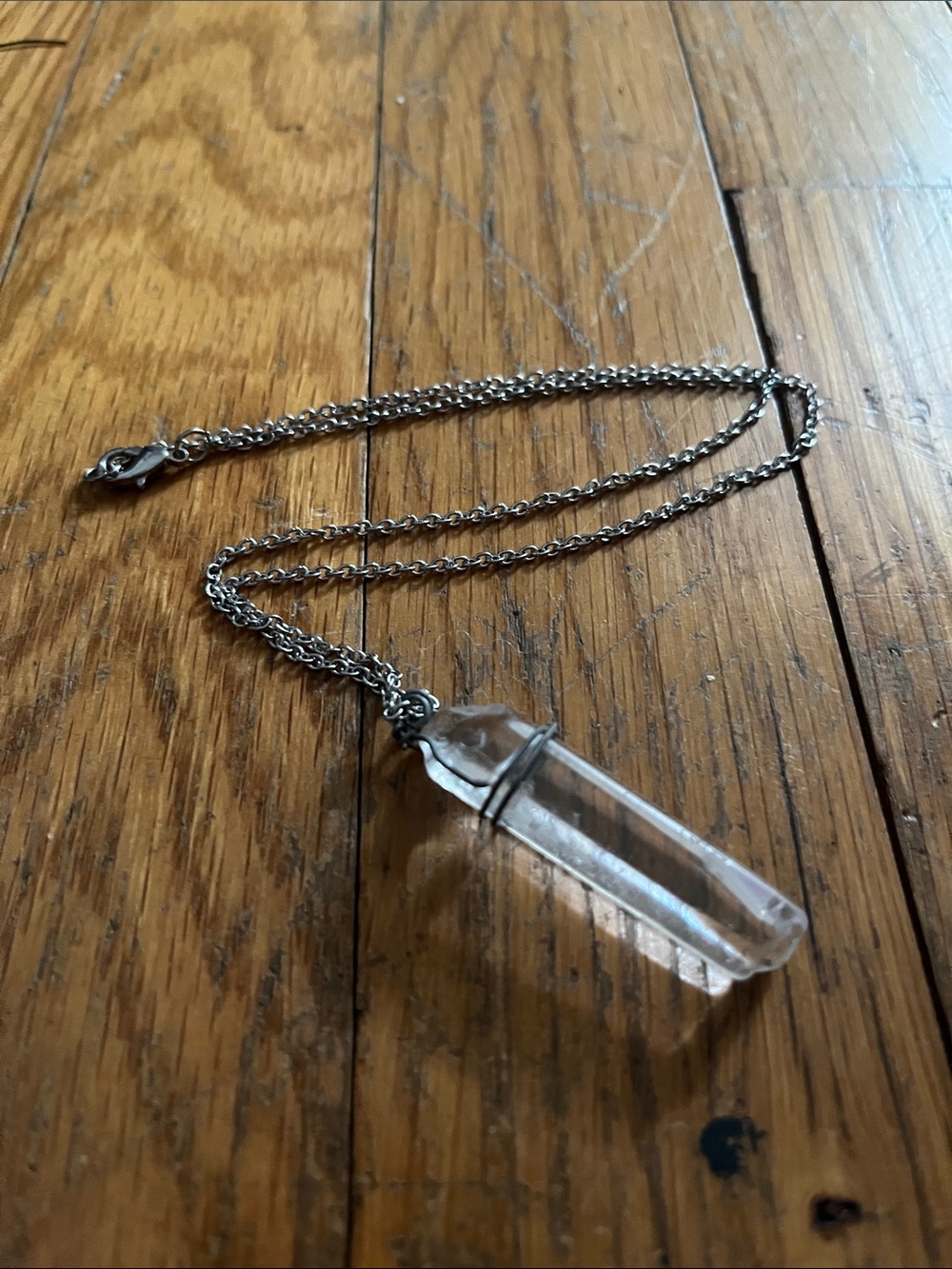 Clear Crystal Point Pendant Necklace - Silver Chain